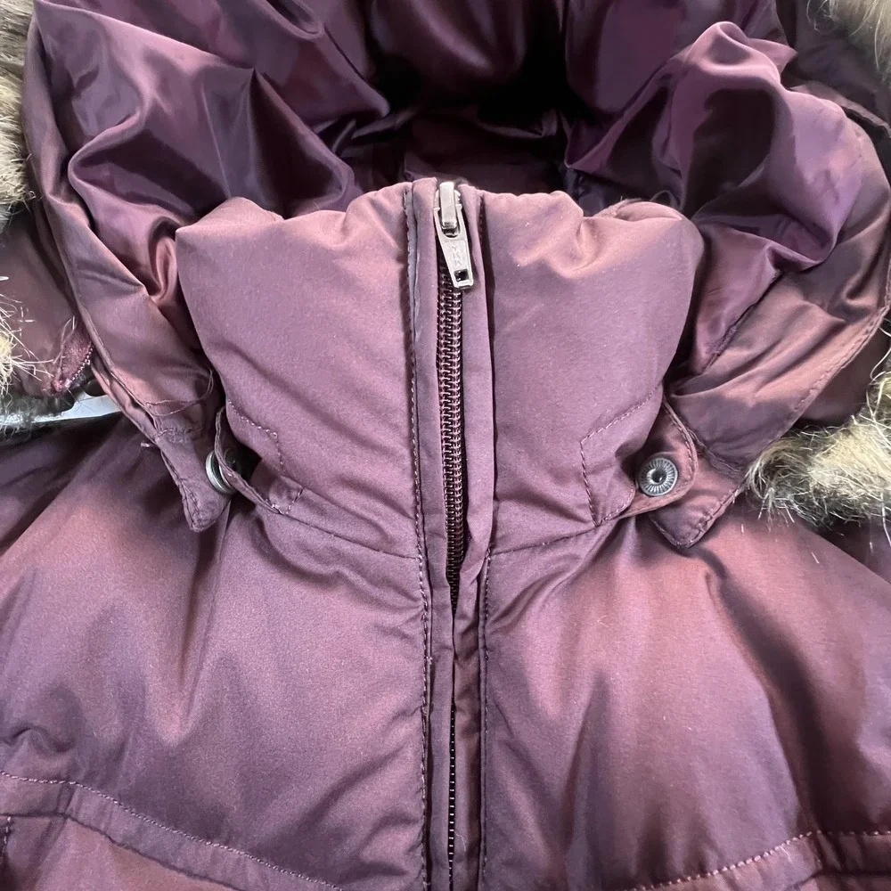 Lands End Youth Girls Down Puffer Jacket Sz L Maroon Fur Trim Hood Zip Pockets